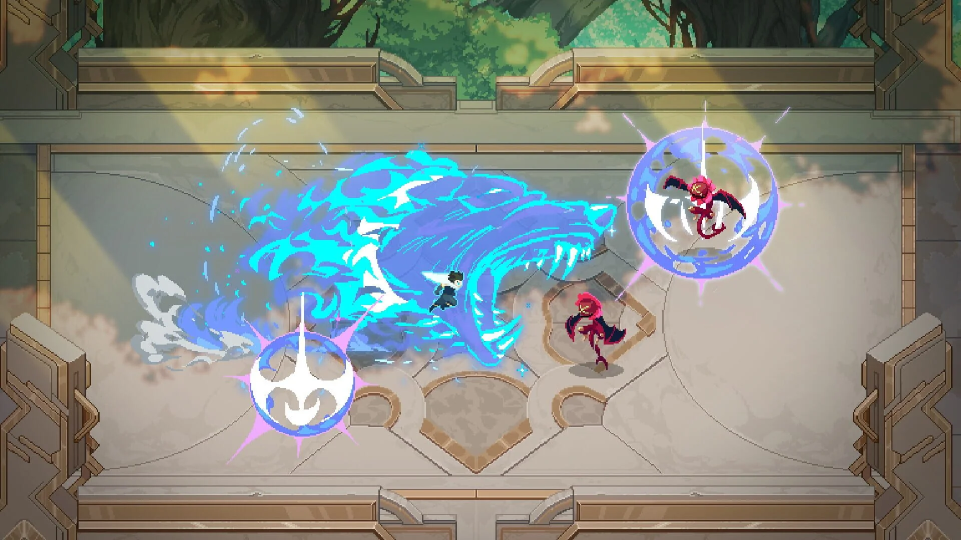 Exemple de zone ouverte et de boss dans Fallen Fates, illustrant la variété des environnements.