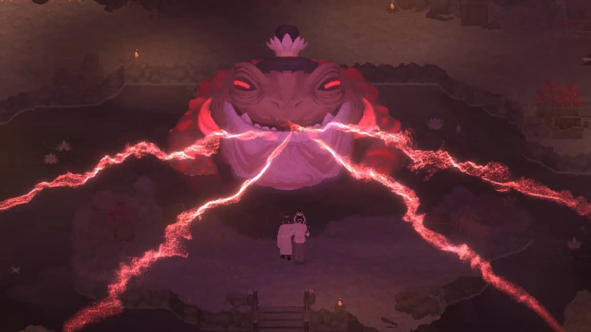 Qiyun face à une créature surnaturelle dans un décor nocturne en pixel art traditionnel.