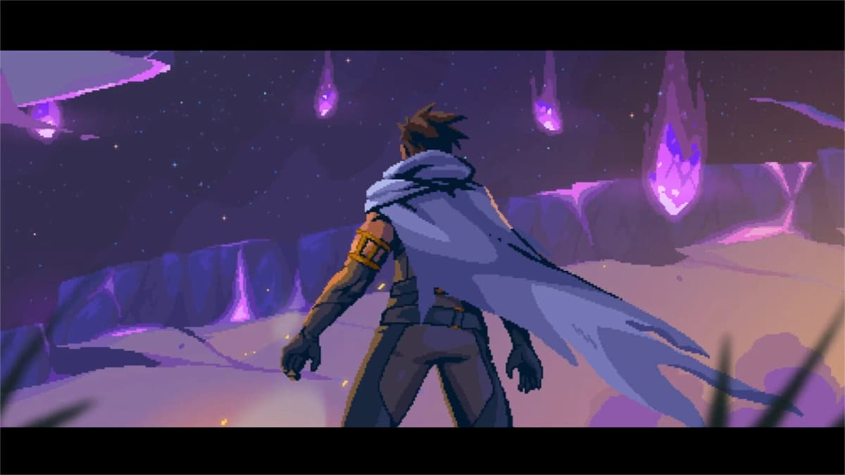 Arven, le héros, accompagné d’une mystérieuse créature, avance dans un décor fantastique.