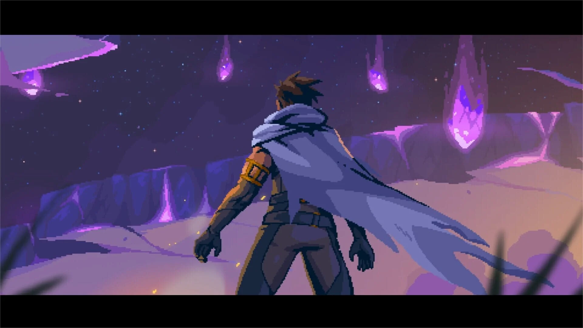 Arven, le héros, accompagné d’une mystérieuse créature, avance dans un décor fantastique.