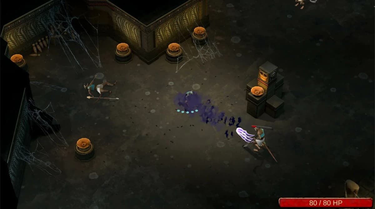 Salle de donjon dans The Book of Aaru avec glyphes et éléments de décor destructibles.