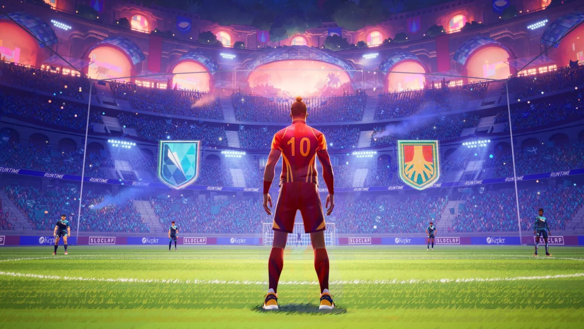 Équipe de joueurs en train de célébrer un but dans Rematch, ambiance festive.