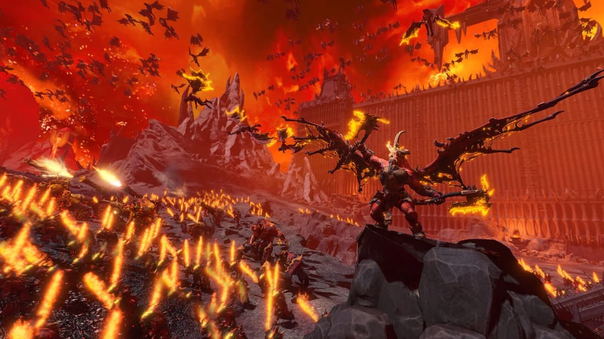 La Chimère monstrueuse survolant un combat sur la carte de Total War: Warhammer III