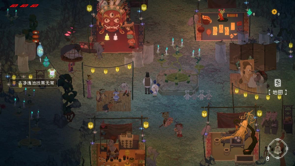 Vue sur un village de pêcheurs pixelisé, ambiance nocturne, avec une forte présence spirituelle.
