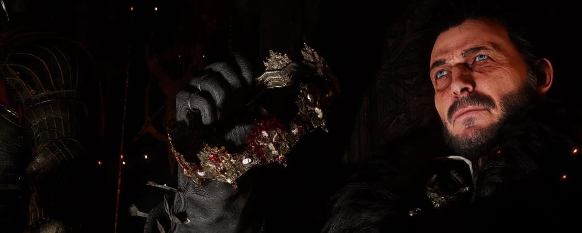 Un personnage traverse une plaine sous la pluie dans Crimson Desert, atmosphère sombre et immersive.