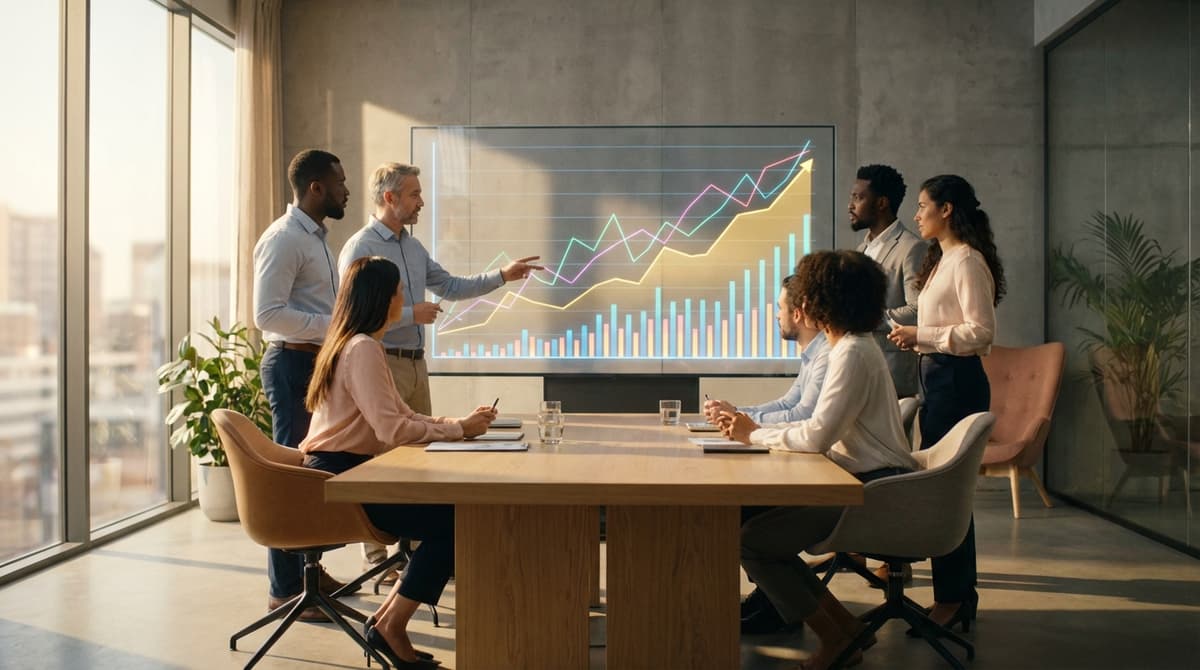 Analysts reviewing Inzoi's sales trends on a shared analytics display.