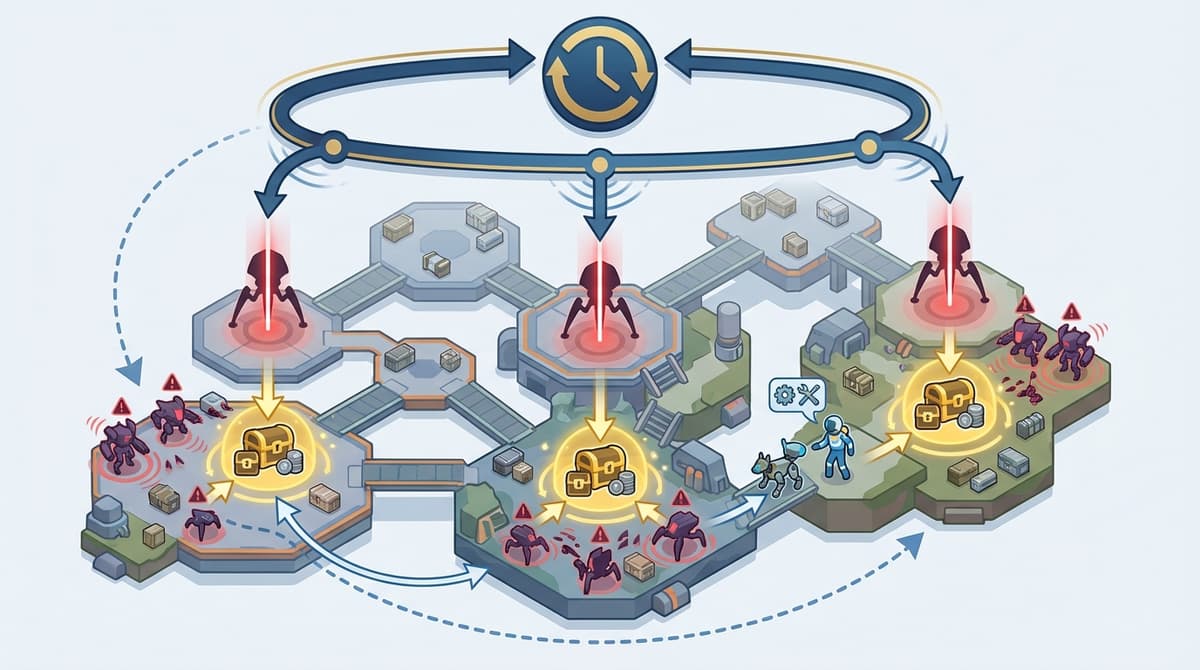 Diagram of Close Scrutiny mechanics: assessor-focused loot funnel, increased enemy density, and Scrappy support.