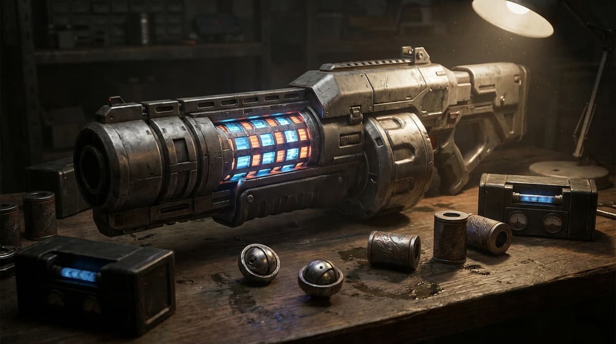 Dolabra energy shotgun with farming materials on a gunsmith workbench.