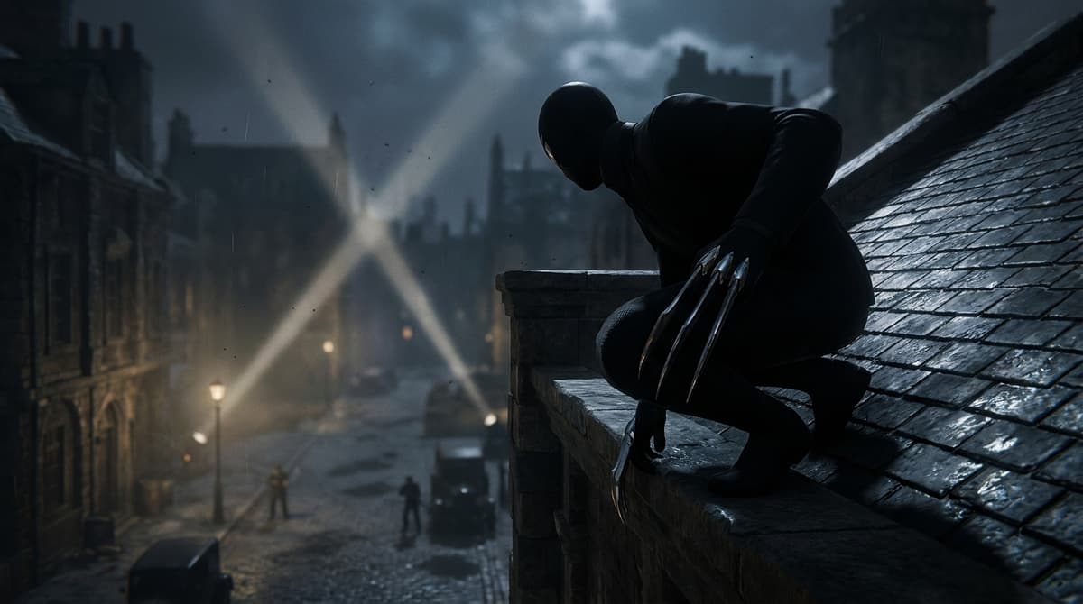 Stealth tension with cinematic lighting and environmental detail.