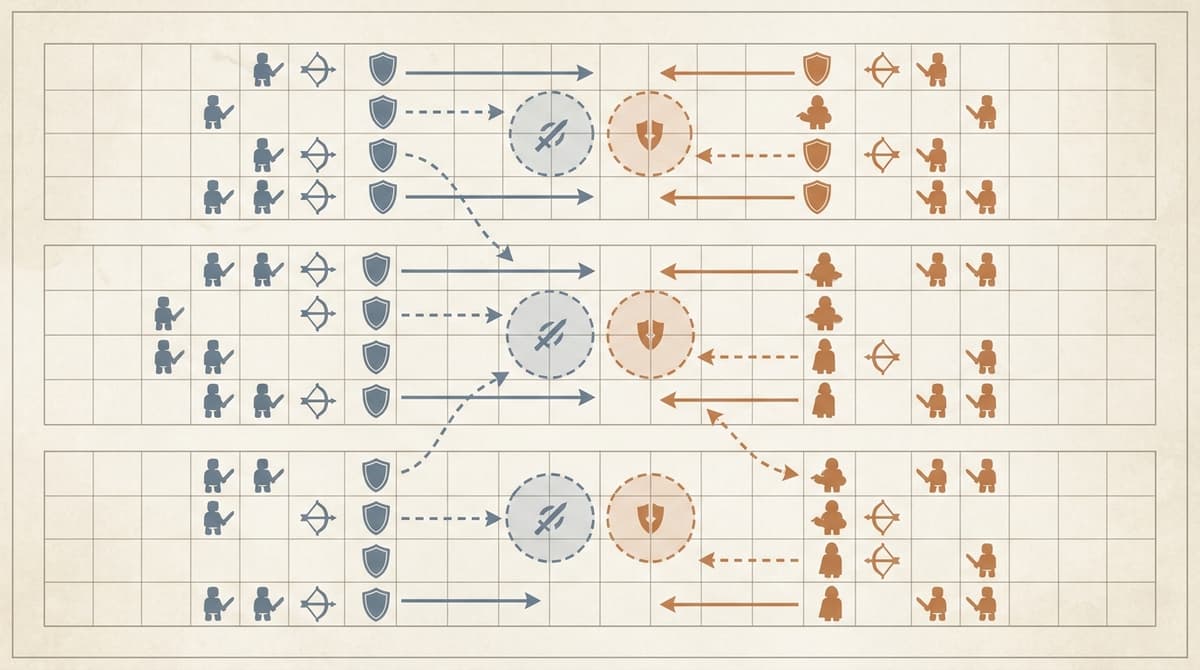 Schéma conceptuel des dynamiques de fight (zones, portée, contres).