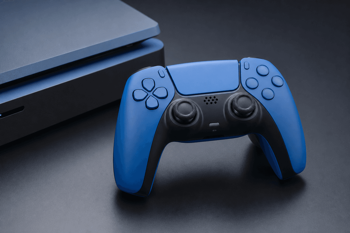DualSense Icon Blue hardware in a premium studio setup.
