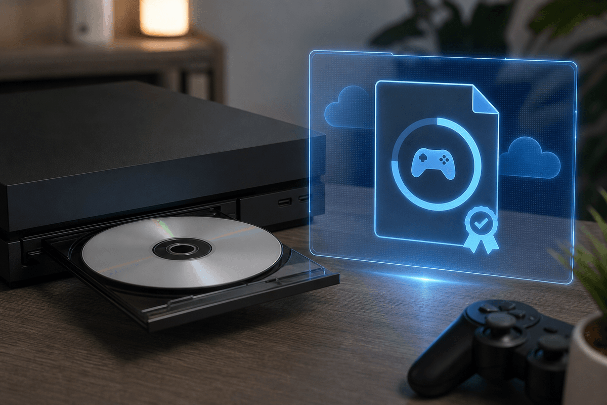 Disc-to-Digital visual metaphor: physical disc converting into a digital license