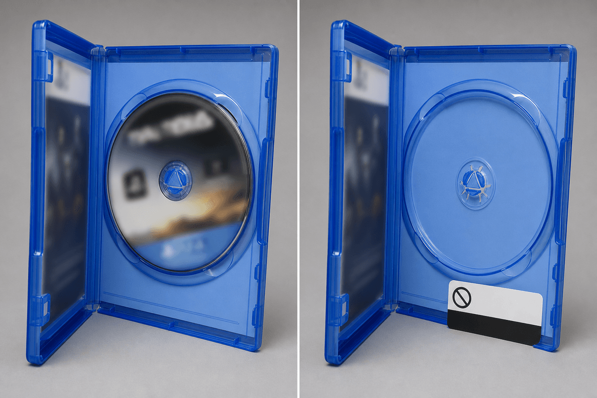 Before/after style visual showing disc presence vs digital-only status alongside label placement.