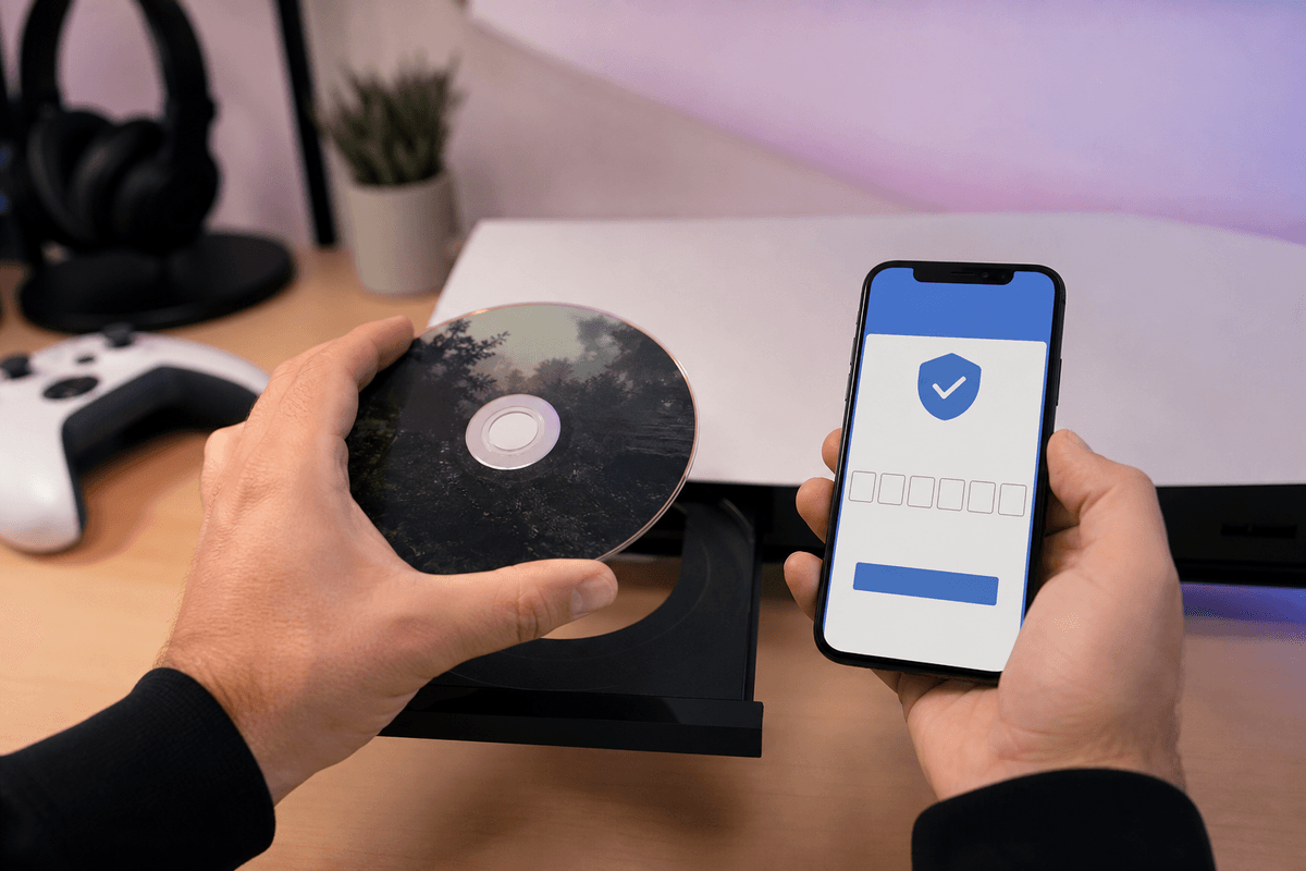 Player verification steps visually anchored around a physical disc claim workflow.
