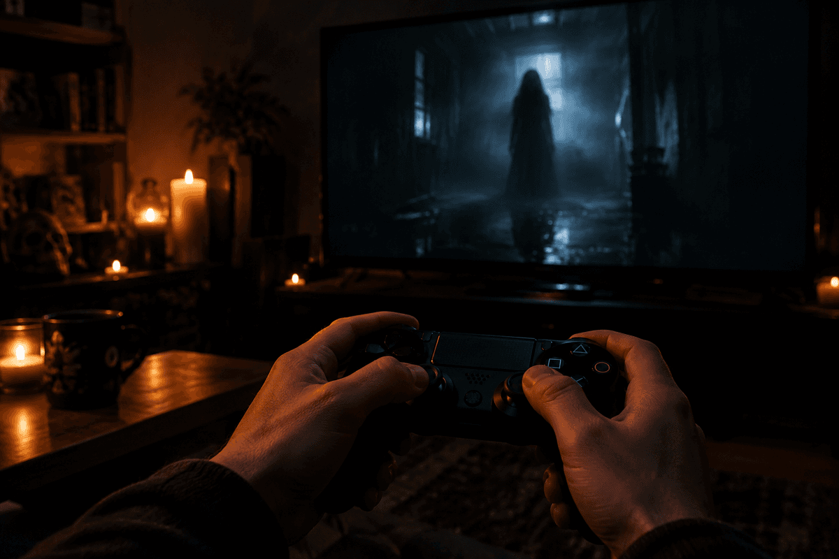Tense late-night play session with a survival horror title.
