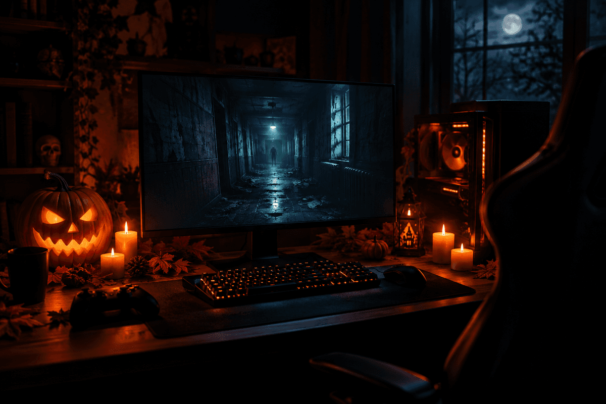 A dimly lit gaming setup primed for a Halloween horror session.
