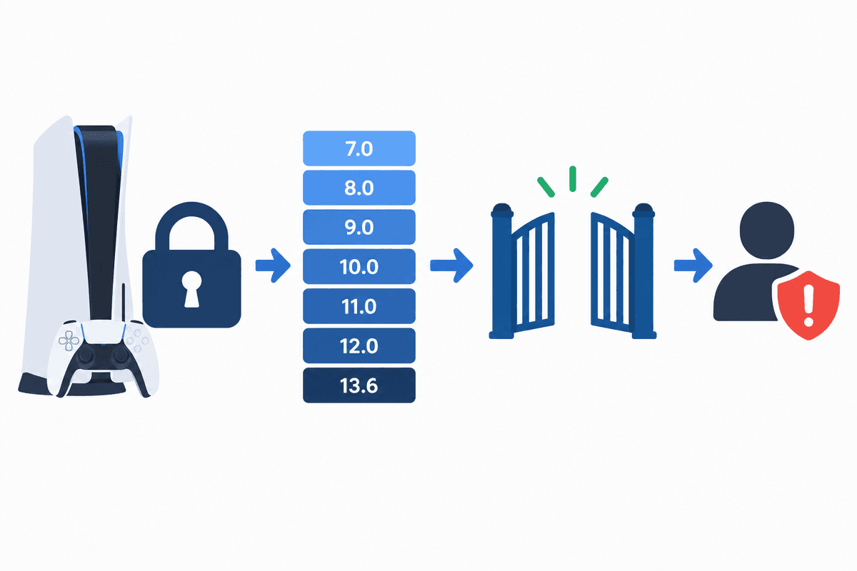 Conceptual diagram of firmware-range exploits and account-level ban risk