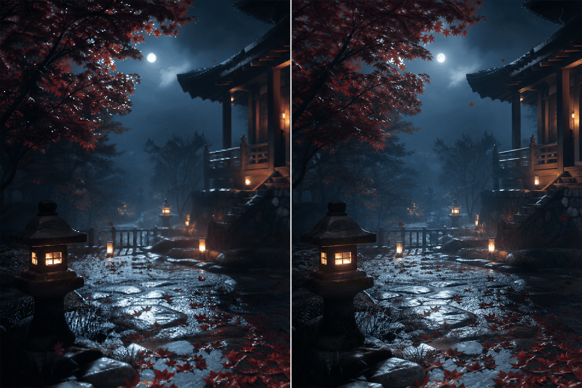 Before/after visual comparison of AI upscaling and artifact reduction.