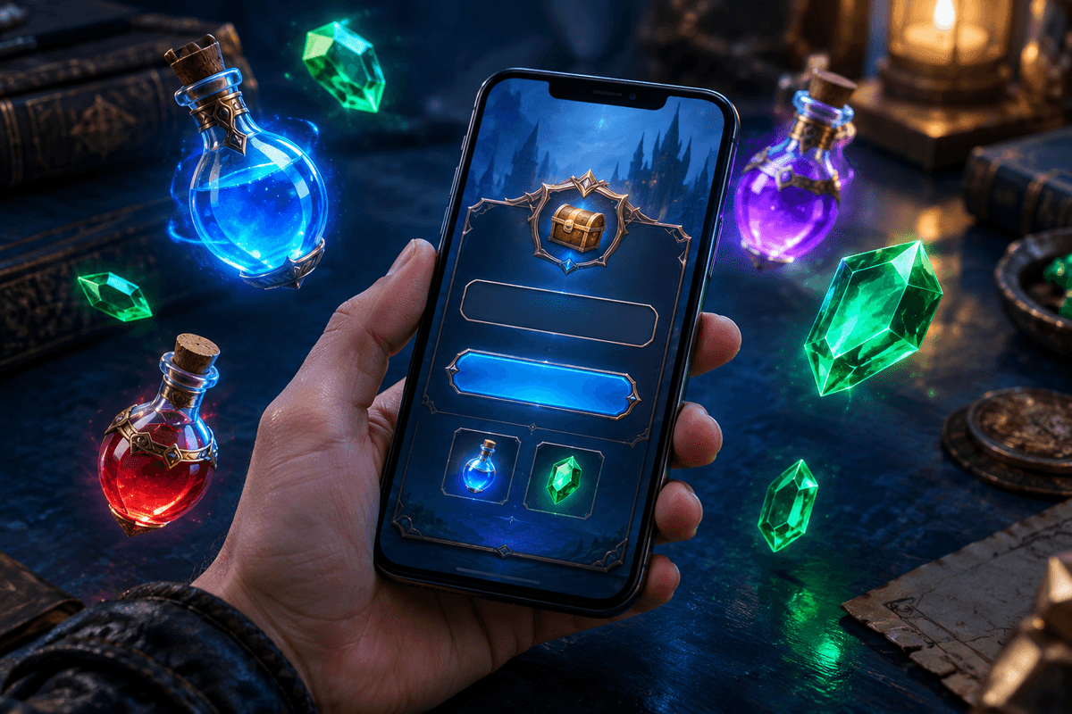 Hands-on view of redeeming promo codes with potion and emerald visuals.